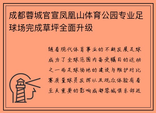 成都蓉城官宣凤凰山体育公园专业足球场完成草坪全面升级