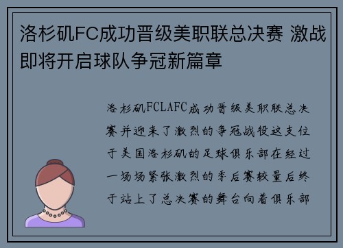 洛杉矶FC成功晋级美职联总决赛 激战即将开启球队争冠新篇章