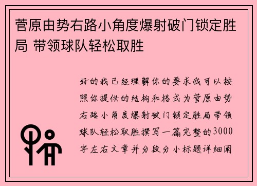 菅原由势右路小角度爆射破门锁定胜局 带领球队轻松取胜