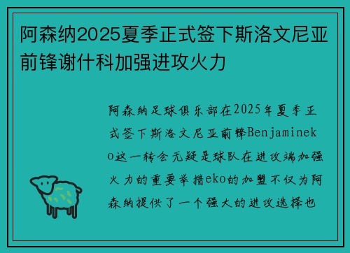 阿森纳2025夏季正式签下斯洛文尼亚前锋谢什科加强进攻火力