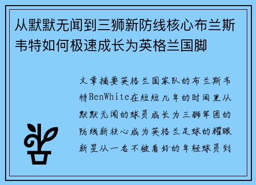 从默默无闻到三狮新防线核心布兰斯韦特如何极速成长为英格兰国脚